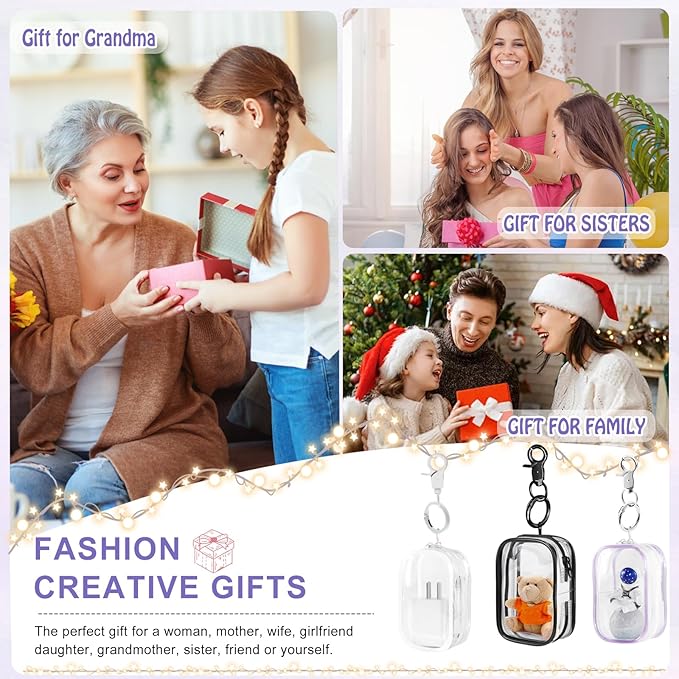 Hand Sanitizer Spray Clear Case for 1FL OZ/30ml, 3 Pack Hand Sanitizer Holder Zippered Pouch, Mini Clear Makeup Bag, Figures Display Bag, with Keychain Snap Hook (Black & White & Purple)