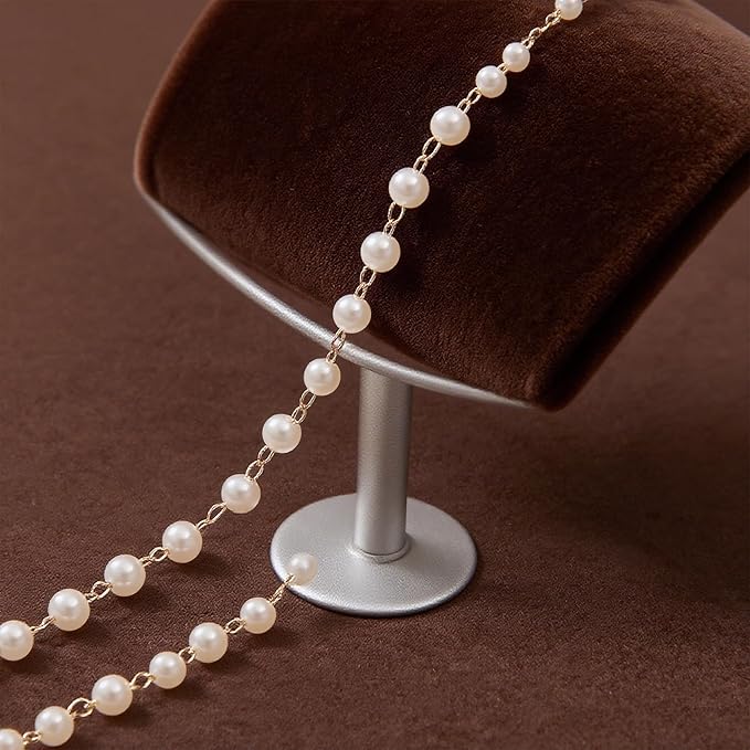 4 Yards Faux Pearl Chain, Gold Stainless Steel Chain Link with Lobster Clasps, for Jewelry Making Craft Supplies Findings (4mm, 5mm, 6mm, 8mm Pearls)