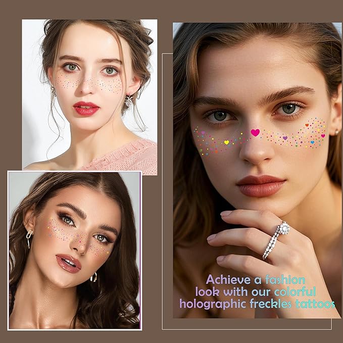 10 Pcs Colorful Glitter Freckles Face Tattoos, Carnival Multichrome Rainbow Glitter Freckles Face Tattoos, Waterproof and Long-lasting Face Temporary Tattoos for Women