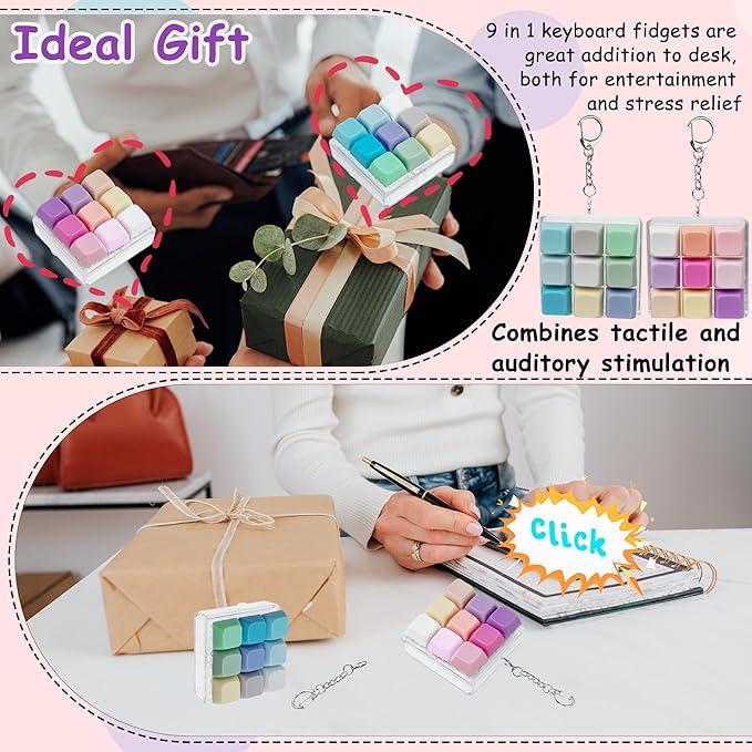 2 Pack 9 in 1 Keyboard Fidget Toy, Keyboard Fidget Keychain Anti-stressKeyboard Decompression Button Finger Clicker Toys Stress Relief Fidget Gifts (Mix Blue Pink)