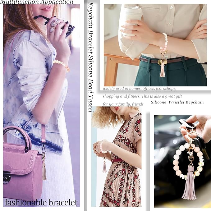 BIHRTC Key Ring Bracelet Car Keychain Holder Wristlet Silicone Women Beaded Bangle Chains