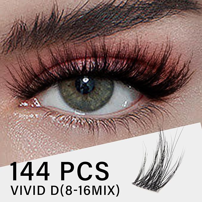 VYRILA Lash Clusters 0.05mm Individual Lashes, 3D Wispy Lashes Clusters, 0.1mm Super Thin Band Resuable Natural Lashes,D Curl Faux Mink Lashes,144pcs Lash Extension (Green Vivid-D-0.05-8-16mix)