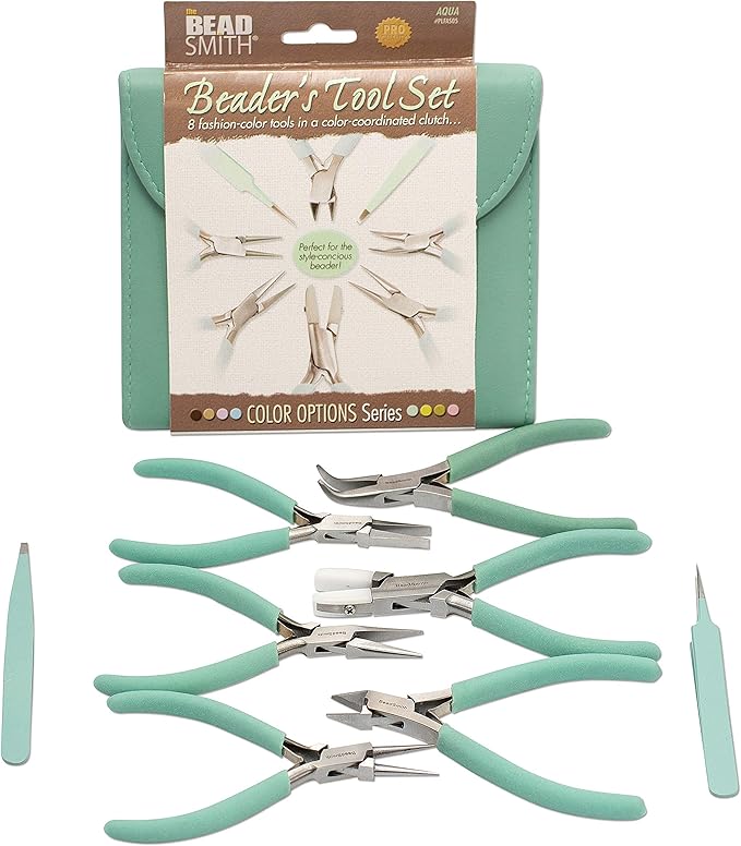 The Beadsmith Fashion Color Pliers – Set of 8 Slimline Color-Coordinated Tools – Matching Clutch in Aqua – Jewelry Making Supply Kit to Create Necklaces, Bracelets, Earrings & More