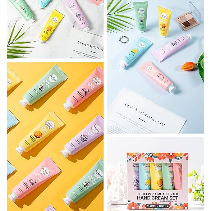 Perfume Hand Cream Gift Set for Women – 5 Scented Mini Lotions (Lavender, Citrus, Musk, Cherry Blossom, Freesia) – Moisturizing Non-Greasy Travel Size K-Beauty Hand Cream Set