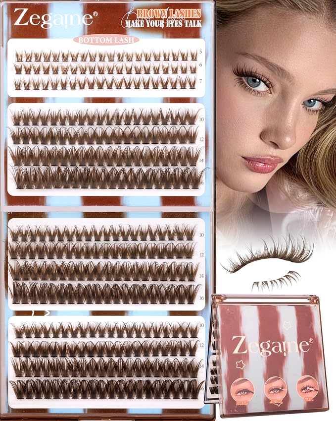 Brown Lash Clusters With Bottom Eyelash Clusters Natural Look Cluster Eyelash Extensions 300Pcs Dark Brown Wispy Lash Clusters D-Curly Individual Lashes 10-16MM by Zegaine