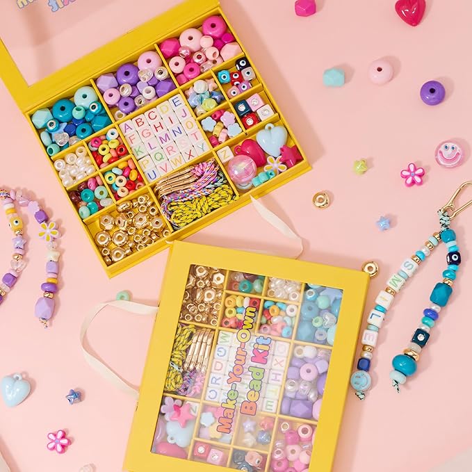 MYCUTEY DIY Keychain Making Kit-Beaded Keychain & Bag Charm Craft Supplies with Keyrings,Cords and Colorful Letter,Star,Heart,Beads,Personalized Name Making Kit Gifts for Kids Girls Women