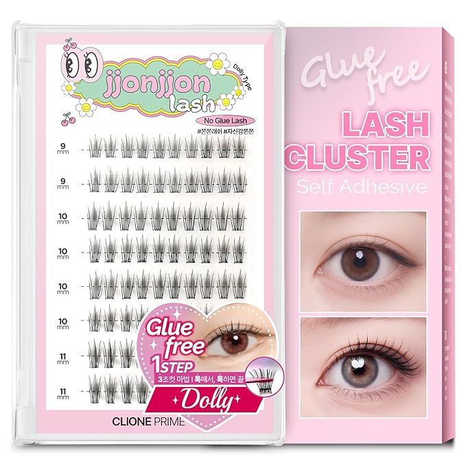 CLIONE PRIME Korean Self Adhesive Lash Clusters Dolly Look No Glue Press On Pre Bond Lash Clusters Fluffy Self Adhesive False Eyelashes No Glue Needed Reusable Wispy Eyelash Extensions