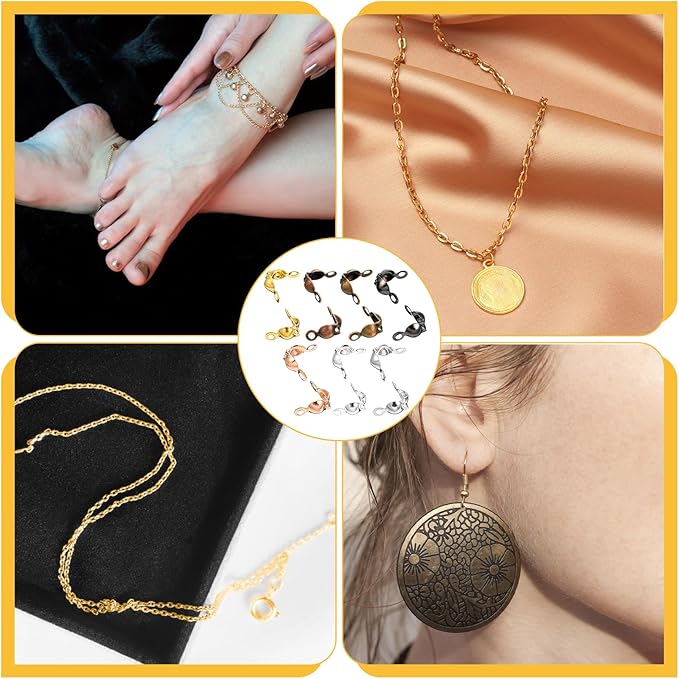700 Pieces Crimp Beads Calotte Ends for Jewelry Making, 7 Colors Clamshell Bead Tips Open End Caps Knot Covers for DIY Bracelet Necklaces Earrings Keychains