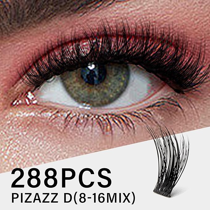 VYRILA Lash Clusters 8-16mm, False Eyelashes 288pcs, Cluster Eyelash Extensions Matte Black Soft, Diy Lash Extensions D Curl Natural Lash Clusters Faux Mink Lashes Wispy๏ผPizazz,288pcs,0.07,D,8-16MIX)