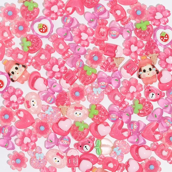 Charms 100PCS Mixed Kawaii Flatback Resin Charms for Crafts, Cabochon for DIY Projects, Slime Charm, Resin Art, Scrapbooking, Phone Case & Accessories (Pink)