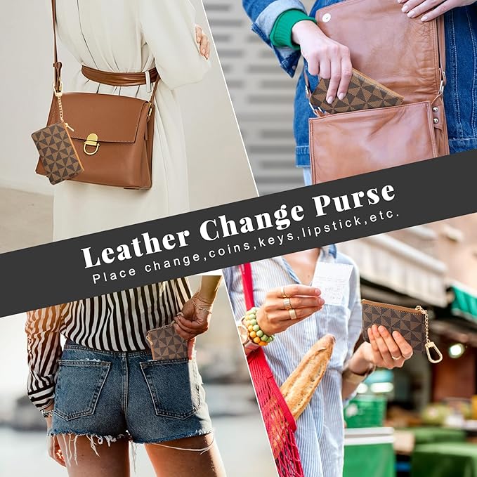 Leather Coin Purse for Women with KeyChain Small Zipper Change Purse coin Pouch Card Holder Wallet Clutch for Women & Men (Brown)