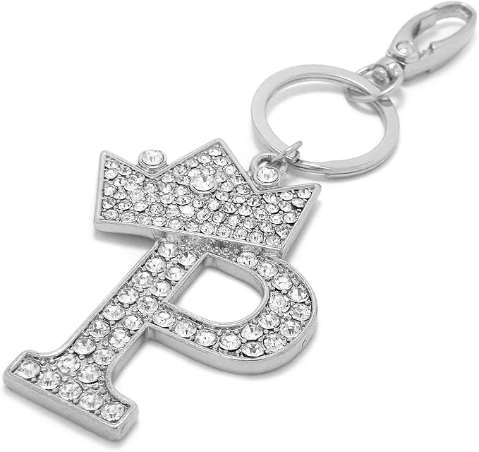 CBC Crown Crystal Rhinestone Letter Initial Keychain, Gold Metal, Bag Charm with Key Ring Approx. 2.17" x 2.56"