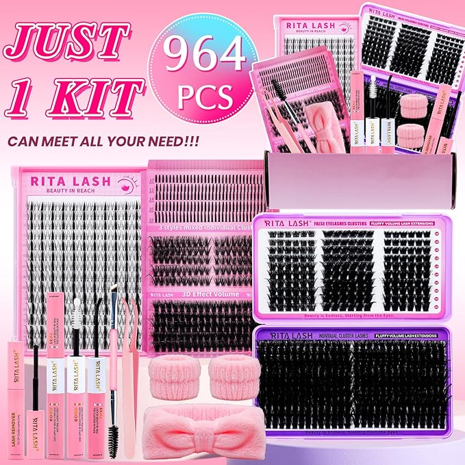 Lash Clusters Kit Eyelash Clusters Kit 3D Effect Cluster Eyelash Extensions Large Pack Spike Lash Extension Pestañas Postizas Naturales+Lash Bond&Seal,Remover,Tweezers,headband,wristband(Lash Kit-6)