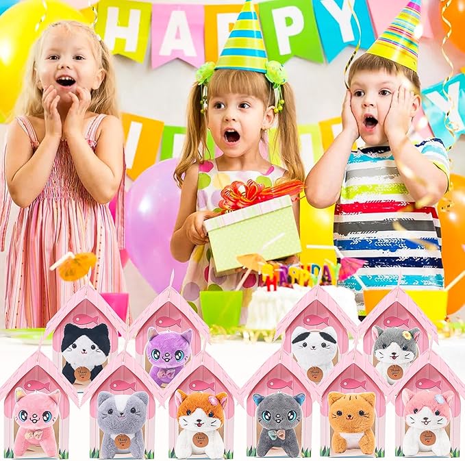 12 Pcs Mini Plush Kitty Set Stuffed Cats, Cat Party Favors with Keychain Gift Toys with Carton House, Kids Birthday Christmas Party Gift