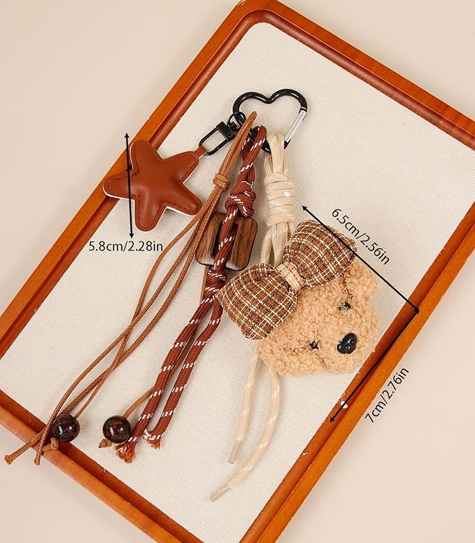 Kawaii Plush Keychain Purse Charms Cute Brown Bag Charms for Women Handbags