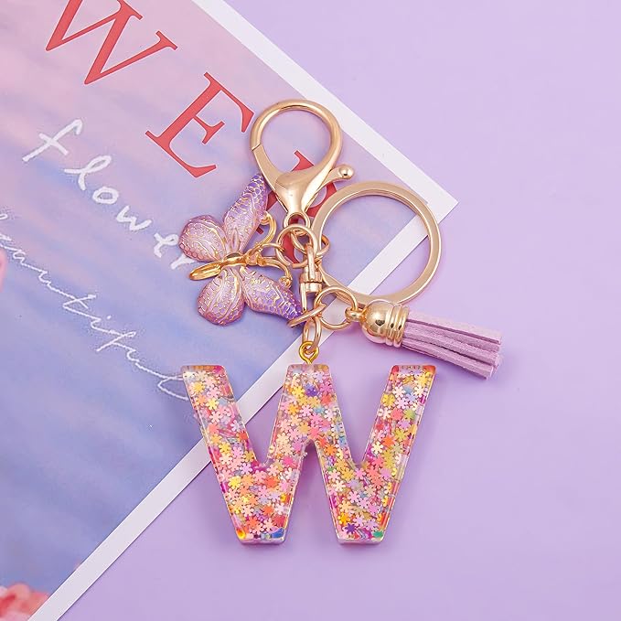 Fashion Alphabet Initial Letter Keychain Tassel Butterfly Pendant Key Ring for Purse Handbags Women Girl