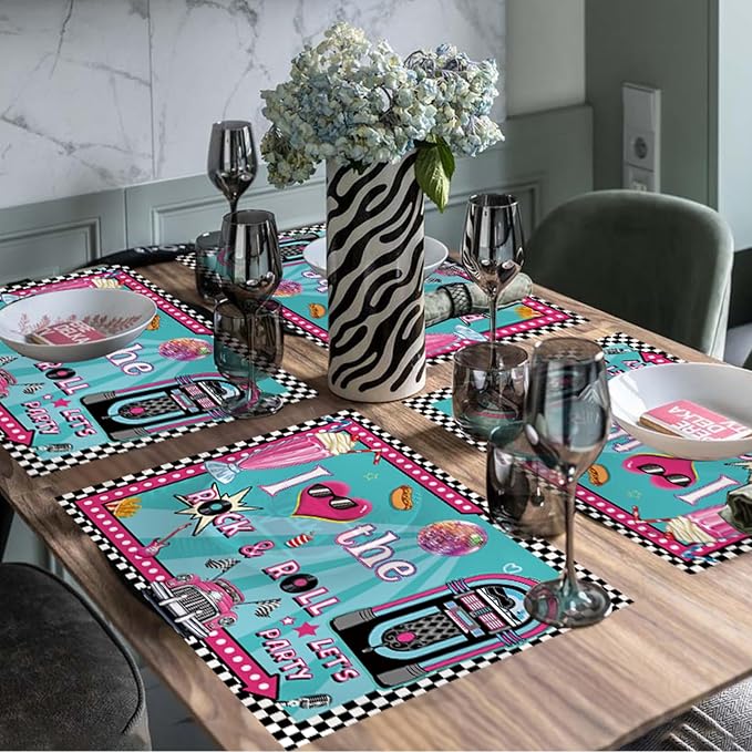 50's Party Placemats Paper Placemats Disposable 50 Pack 16x 11 Inch Rock and Roll 1950's 70s 80s 90s Rocking Paper Table Mats for Music Birthday Party Anniversary Table Decoration