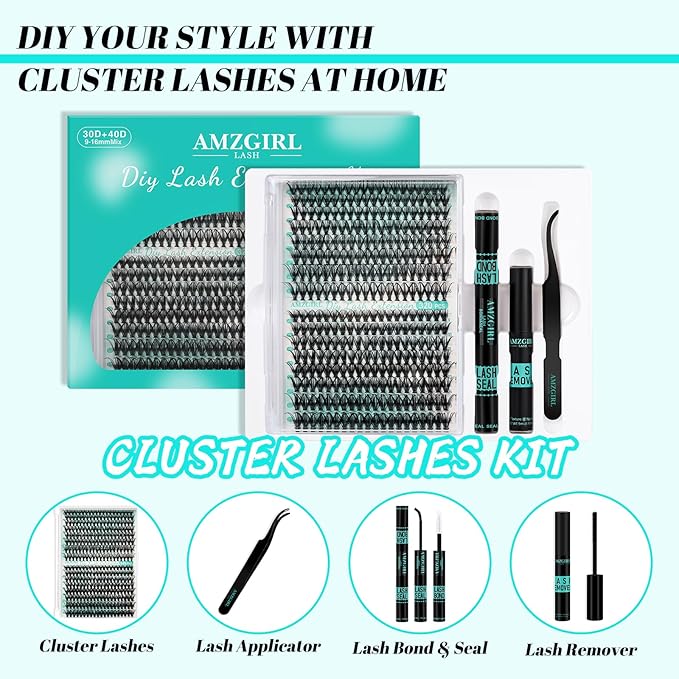 Lash Clusters Kit 320pcs Cluster Eyelash Extension 30D 40D with Long Lasting Lash Bond and Seal Waterproof,Lash Glue Remover,Lash Applicator for Individual Fake Eyelashes(D-Mix9-16mm)