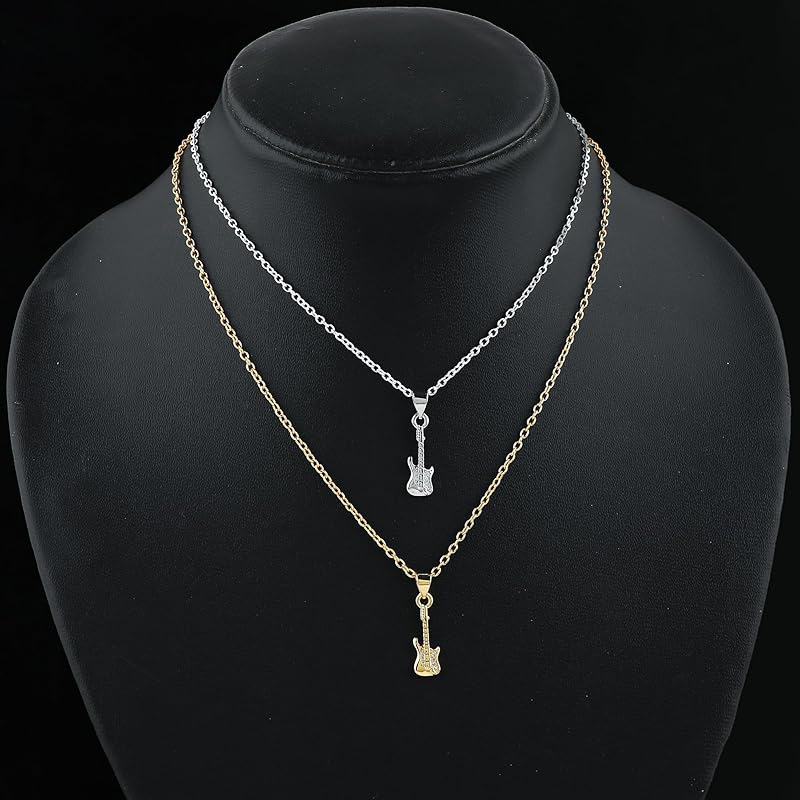 JOR Guitar Charm Pendant Necklace, CZ, Men & Women Unisex Jewelry, Dainty Gold & Silver Plated Combo Chain 18 inch (Pack of 2)