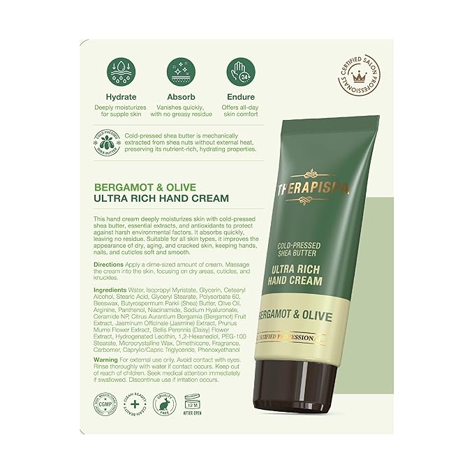 THERAPISPA Ultra Rich Hand Cream – Intensive Hydration & Repair for Dry, Chapped Hands | Enriched with Shea Butter, Ceramides, Niacinamide (B3) & Panthenol (B5) (Bergamot & Olive, 2.0 oz, Pack of 5)