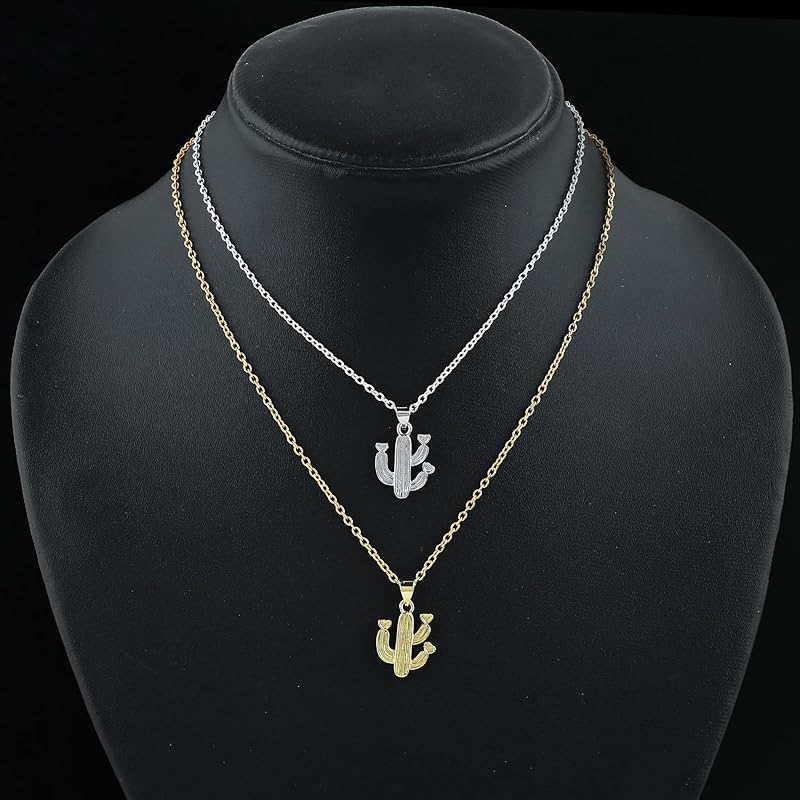 JOR Cactus Charm Pendant Necklace, Men & Women Unisex Jewelry, Dainty Gold & Silver Plated Combo Chain 18 inch (Pack of 2)