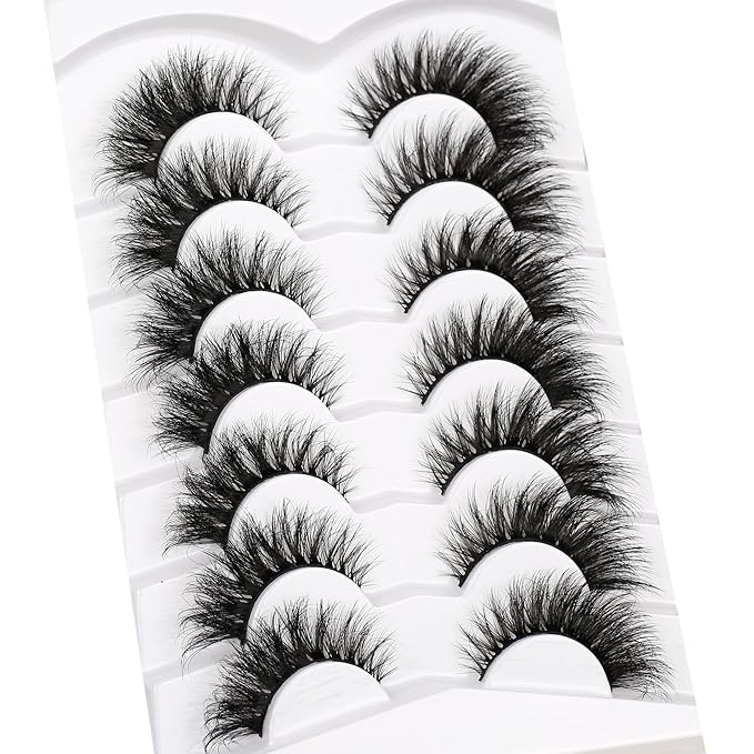 Pooplunch False Eyelashes Volume Cat Eye Lashes Winged Look 8D Dramatic 18MM Wispy Natural Crossed Fake Eyelashes Faux Mink Lashes Strips 7 Pairs Pack
