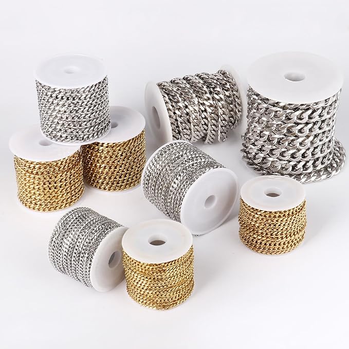 16.5FT Stainless Steel Cuban Chain Roll 6MM Width Diamond-Cut Curb Link Chains Spool Bulk for DIY Crafts Jewelry Making