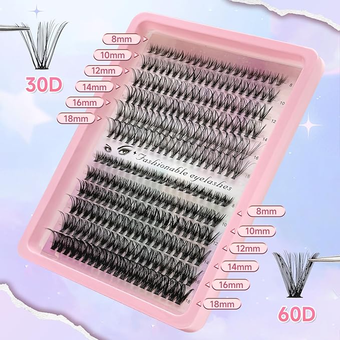 Lash Extension Kit DIY 240pcs Lash Clusters Eyelash Extension Kit, 8-16mm 30D 60D Individual Lashes Kit with Lash Bond and Seal, Lash Tweezers for Self Use (30D&60D, 0.07D, 8-16mm, Kit)