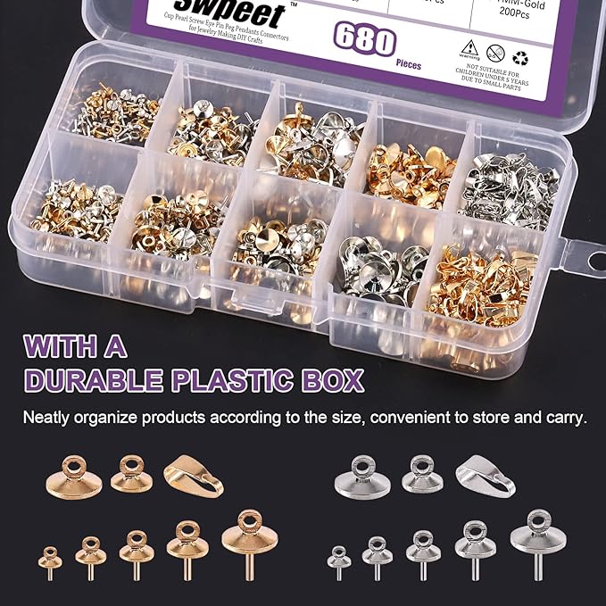 Swpeet 680Pcs Gold and Sliver 3mm 4mm 5mm 6mm 8mm Cup Pearl Screw Eye Pin Bail Peg Pendants with 7mm Pendant Charm Clasps Connector Kit, Perfect for Half-drilled Beads Jewelry Making
