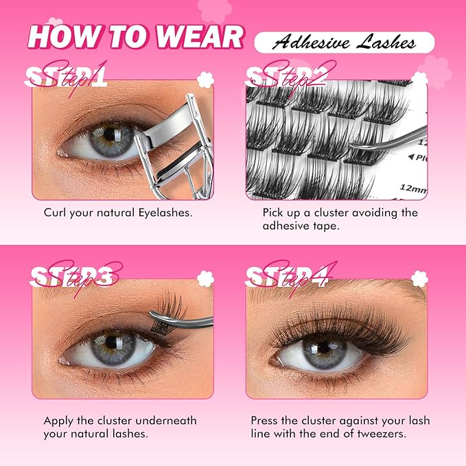 156 PCS Volume Self Adhesive Eyelashes Clusters, Invisible 2-Strip Tape - Longer Lasting, Pre Glued Eyelash Clusters, No Glue Needed Lashes C-Curly Eyelash Clusters with Tweezers