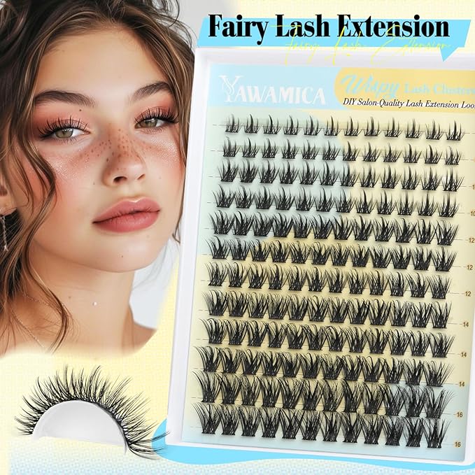 Yawamica Lash Clusters Wispy Eyelash Extensions 8-16mm Natural Volume Eyelash Clusters Pestañas Postizas Naturales C Curly Manga Individual Lashes 144pcs Cluster Lashes DIY Fairy Lash Extension Look