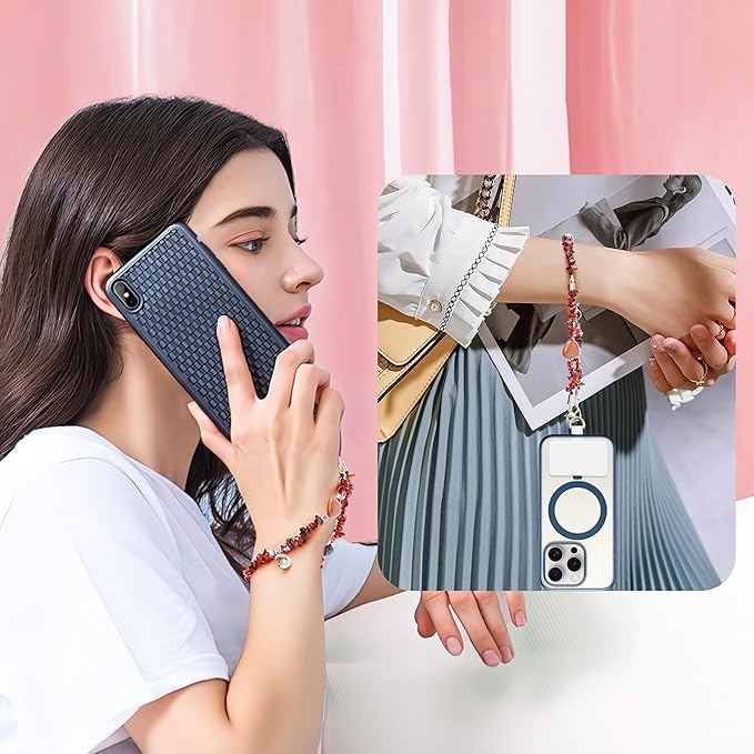 Marble Beaded Phone Wrist Strap,Detachable Phone Bracelet Strap with Tether Tab,Hands-Free Wristlet Strap (wine red)