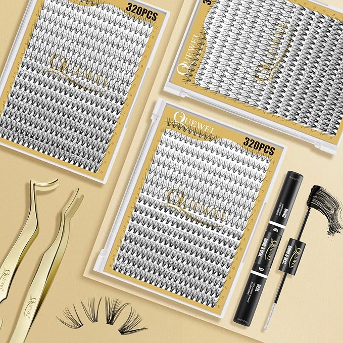 QUEWEL Lash Clusters 320Pcs Cluster Lashes 20D+30D C Curl Lash Cluster Eyelash Extensions Mix9-16mm Individual Eyelashes Clusters Wispy Lash Clusters Thin Band Soft to Use at Home(20D+30D C Mix9-16)