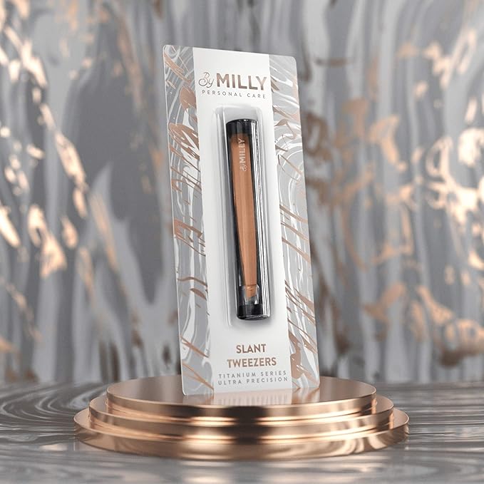 By MILLY Professional Slanted Tweezers for Women and Men | High Carbon Stainless Steel Sharp Tweezer | Tweezers for Women Facial Hair Plucking, Hand-Filed & Aligned Precision Tips - Rose Gold