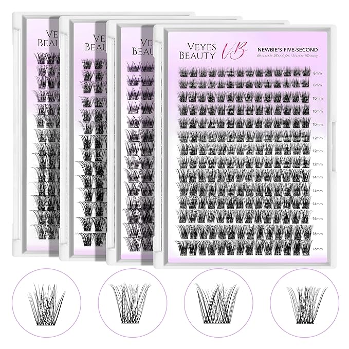 VEYESBEAUTY Lash Clusters Kit Individual Eyelash Extensions Thin & Invisible Band DIY False Eyelashes Newbie's Five-Second Series Wispy Lash Tray, Dreamy KIT with Bond&Seal Remover Applicator