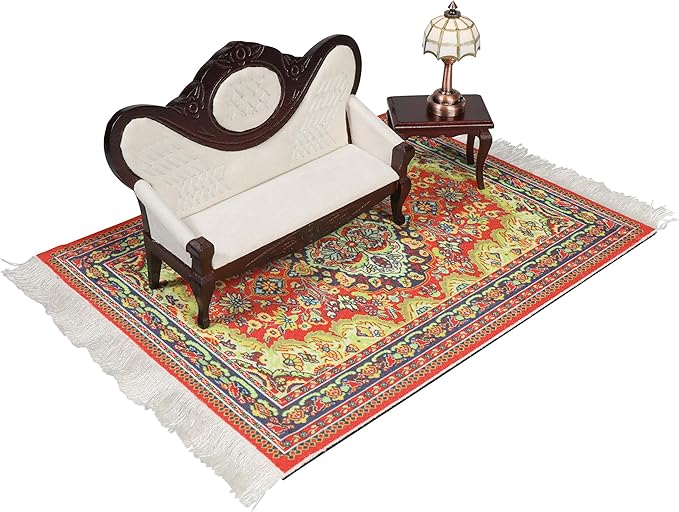 Red Dollhouse Rug, Miniature Doll House Accessory, Carpet for 3” to 12” Dolls, 10 x 7, Rectangle, Toy Carpeting Decor