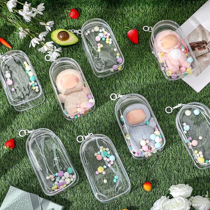 8 Pcs Clear Figure Display Bag, Portable Figures Storage Bag with Keychain, Pouch Blind Box Single Zipper Closure Collectibles Case Keychain for Mini Plushies, Dolls (Clear)