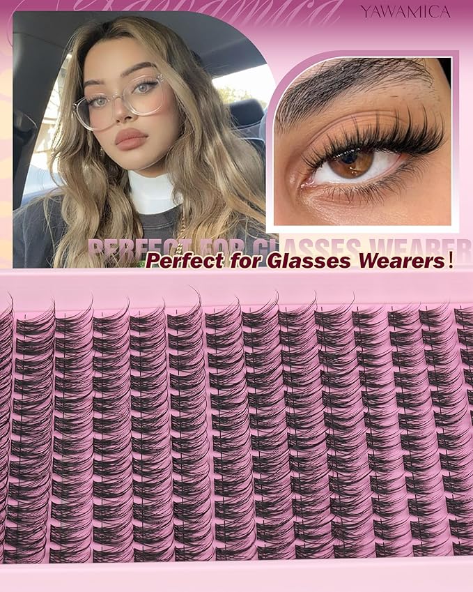 Yawamica Wispy Lash Clusters Kit DIY Eyelash Extensions 10-16mm C Curl Individual Cluster Lashes for At-Home Salon Look, Reusable False Eyelashes Clusters with 2-in-1 Bond and Seal & Tweezers