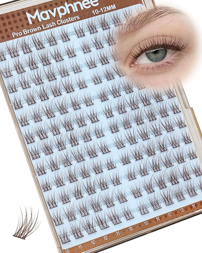Brown Lash Clusters 10-12MM Pre-Mapped Eyelash Clusters Natural Cluster Lashes Individuals Short Wispy Cluster Eyelash Extensions Open Eye Lashes Clusters Fluffy Lash Extensions (C Curve, 144Pcs)