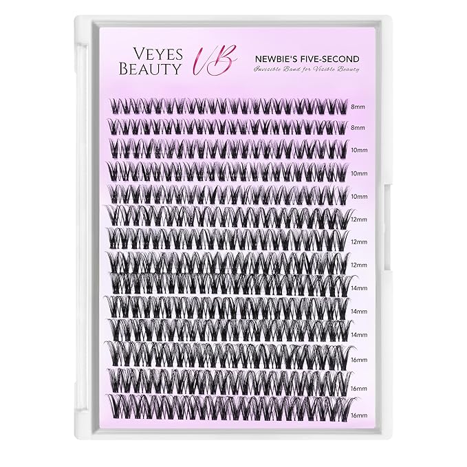VEYESBEAUTY Ribbon Cluster Lashes Kit Individual Lash Extensions Newbie's Five-Second DIY Dramatic Volume Eyelash Wispy Faux Mink Lash Mixed Length Tray with Bond & Seal, Applicator at Home