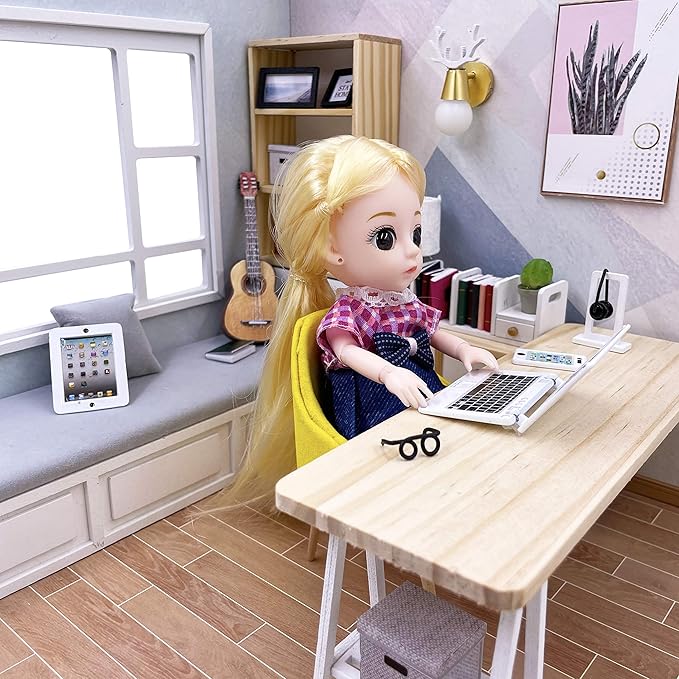 3 Pack Dollhouse Mini Laptop Tablet and Smart Phone Scene Computer Simulation Accessories for Doll 1/6 1/12 Miniatures Silver