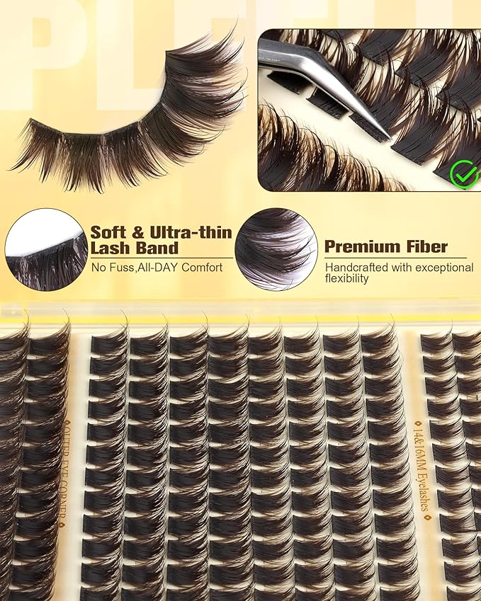 Brown Lash Clusters With Spikes More 14/16mm Volume Eyelash Clusters Wispy Fluttery Cluster Eyelashes Extensions Fairy Cluster Lashes Manga Individual Lashes by Pleell (D Curly, 144PCS, 12-18MM)