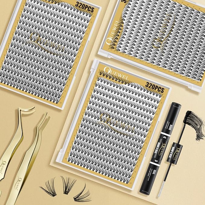 QUEWEL Lash Clusters 320Pcs Cluster Lashes 30D C Curl Lash Cluster Eyelash Extensions Mix9-16mm Individual Eyelashes Clusters Wispy Lash Clusters Thin Band Soft to Use at Home(30D C Mix9-16)