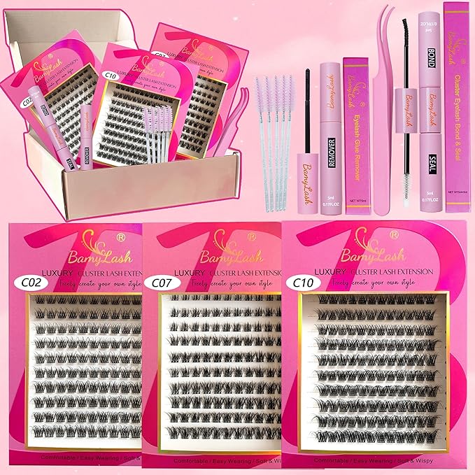 BamyLash DIY Cluster Lash Extension Kit, Professional Volume Eyelash Set, Black (C02+C07+C10 Lash Set)