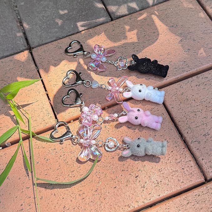 Cute Fuzzy rabbit Keychain for Women - Y2K Plush Bow Bag Charm Decor, Kawaii Kitty Pendant Gift for her