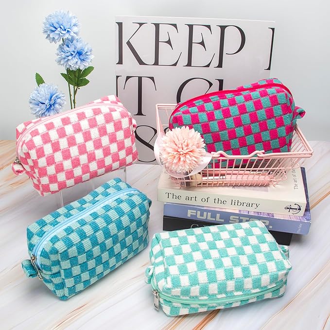 PAZIMIIK Checkered Makeup Bag for Purse Portable Zipper Make Up Pouch Small Cosmetic Case for Travel Accessories Lake Blue