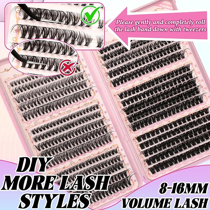 Gmagictobo Lash Clusters Fluffy DIY Lash Clusters Kit Volume Lash Extension Kit 570Pcs Individual Lashes Clusters Thin Band Eyelash Extension Kit Lash Bond and Seal Lash Tweezers