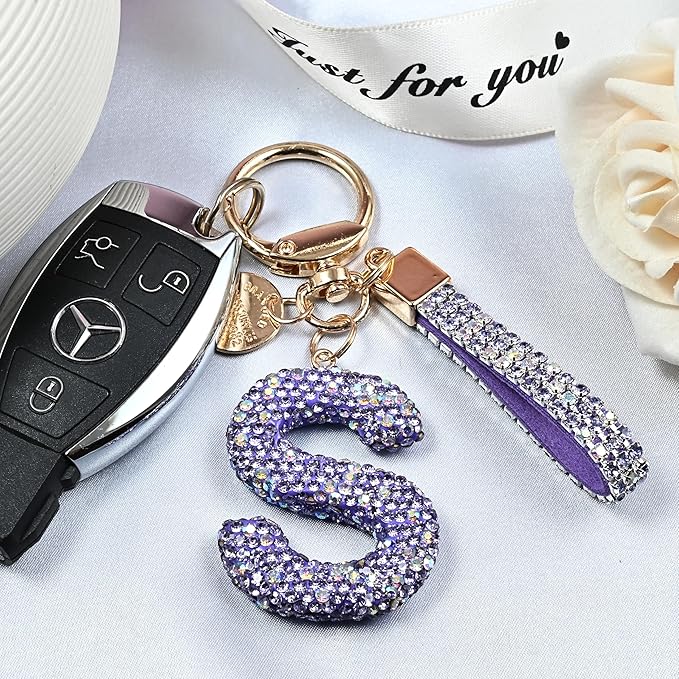 Pink Blue White Initial Letter Keychain Gift for Women Girls Bling Sparkly Cute Backpack Car Key Accessories Lanyard