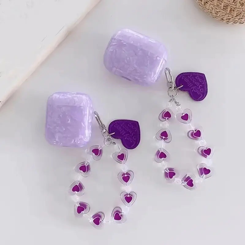 Purple Shell Pattern AirPods Case with Heart Keychain