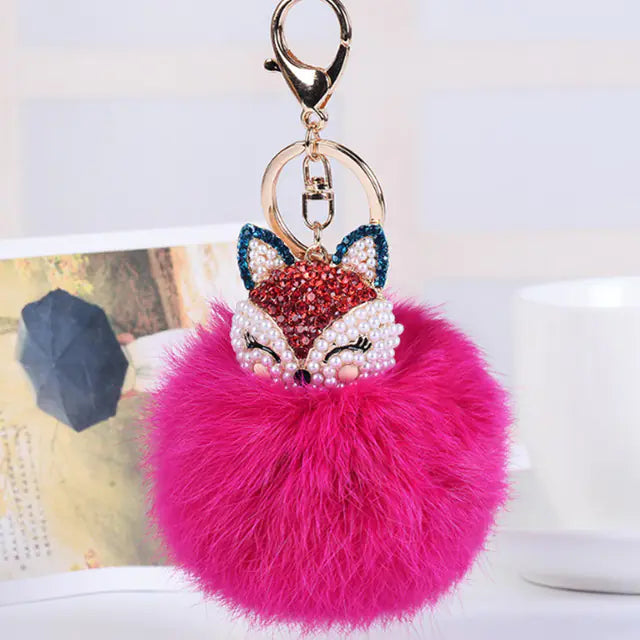 Diamond Fox Head Rabbit Fur Ball Keychain Ornament